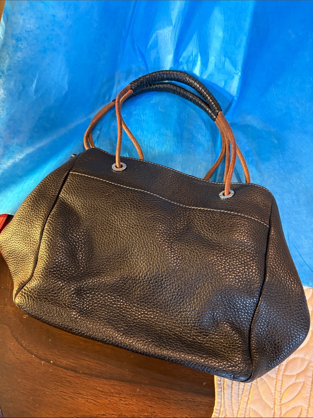 Daniella Ortiz Classic Black Pebbled Leather Tote with Contrast Brown Handles